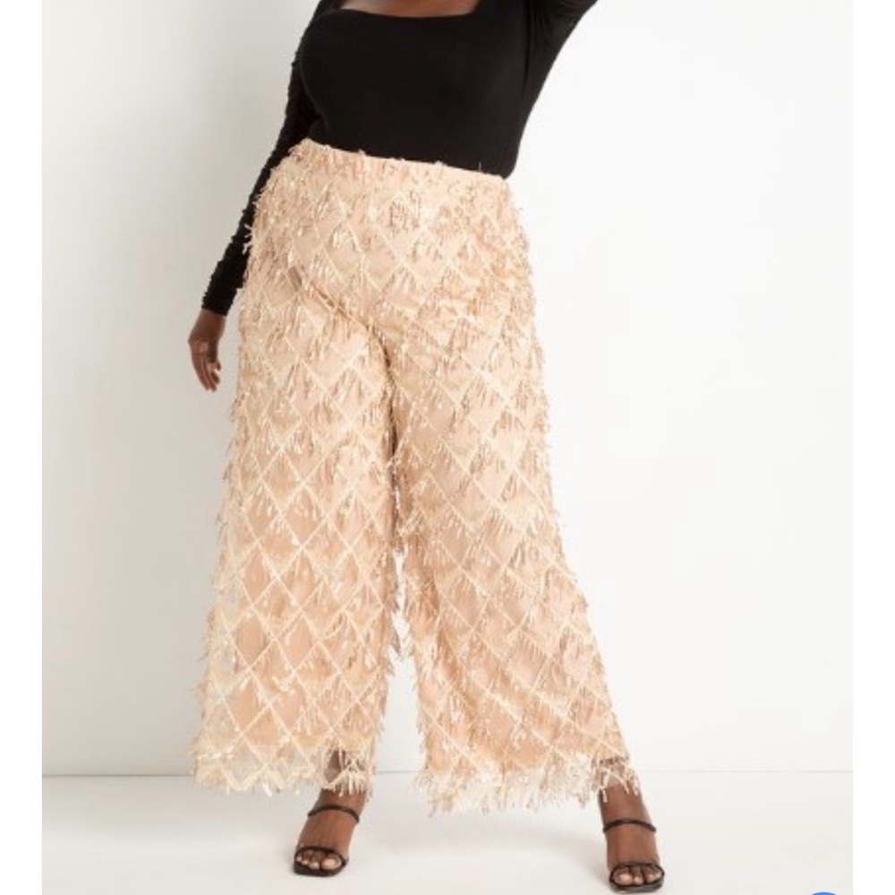 Eloquii Beige Fringe Wide-Leg Trousers
